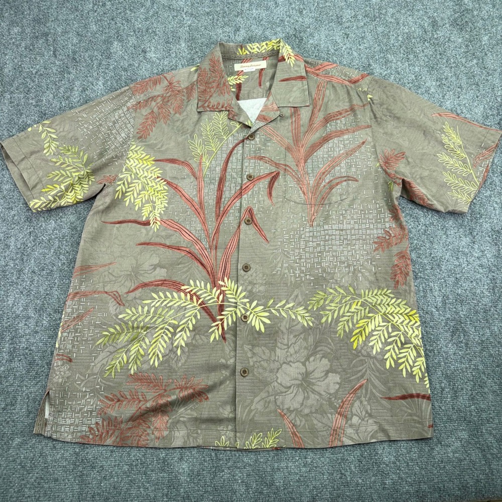 Tommy Bahama Shirt Men's Large Brown 100% Silk Hawaiian Botanical Fern Leaf